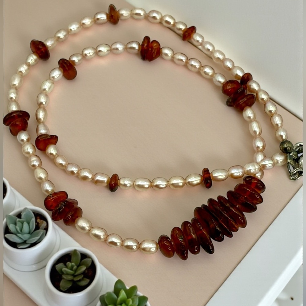 Genuine Amber & Freshwater Pearl Necklace – 18” - Picture 7 of 17